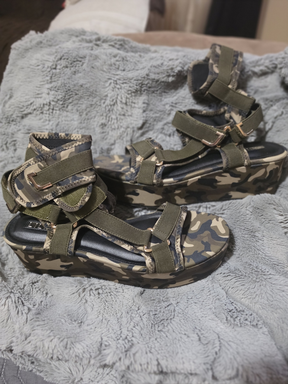 Liliana Olive Green Camo Platform Sandals with Buckle Straps